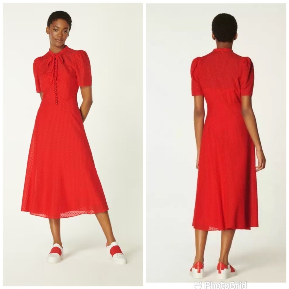 L.K Bennett Sina Red Silk-Cotton Midi Dress - Picture 2 of 10